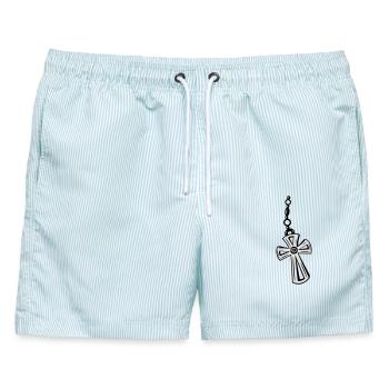 Kreuz an einer Kette mit Edelstein. - Männer Badeshorts - hellblau gestreift - Vorne - AI Model Male 178 light (178cm)