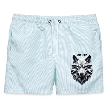 Geometrischer Wolf mit "Wild Spirit" Motiv - Männer Badeshorts - hellblau gestreift - Vorne - AI Model Male 178 light (178cm)