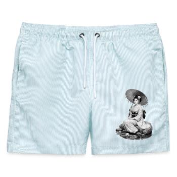 Geisha im Kimono mit Schirm - Männer Badeshorts - hellblau gestreift - Vorne - AI Model Male 178 light (178cm)