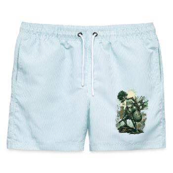 Froschritter: Der smaragdgrüne Krieger des Sumpfes - Männer Badeshorts - hellblau gestreift - Vorne - AI Model Male 178 light (178cm)