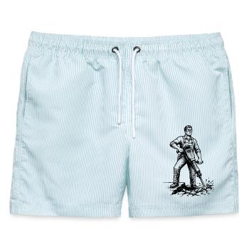 Stolzer Bauarbeiter mit Presslufthammer im Beruf - Männer Badeshorts - hellblau gestreift - Vorne - AI Model Male 178 light (178cm)
