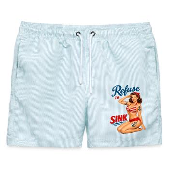 Refuse to Sink Pin-Up Girl: Retro Bikini Tattoo - Männer Badeshorts - hellblau gestreift - Vorne - AI Model Male 178 light (178cm)