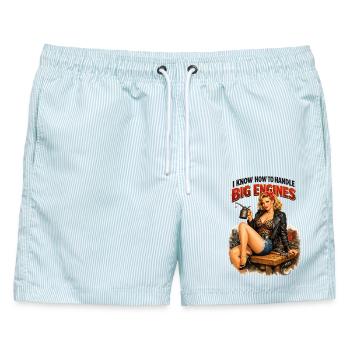 Pin-Up Girl Werkstatt: Big Engines Design - Männer Badeshorts - hellblau gestreift - Vorne - AI Model Male 178 light (178cm)