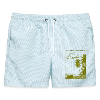 Grüße aus dem Paradies - Männer Badeshorts - hellblau gestreift - Vorne - AI Model Male 178 light (178cm)