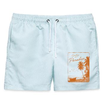 Grüße aus dem Paradies - Männer Badeshorts - hellblau gestreift - Vorne - AI Model Male 178 light (178cm)