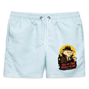 Tea for Two Trouble for One – Teekannen Detektiv - Männer Badeshorts - hellblau gestreift - Vorne - AI Model Male 178 light (178cm)