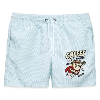Kaffee-Superheld – Coffee My Hero - Männer Badeshorts - hellblau gestreift - Vorne - AI Model Male 178 light (178cm)