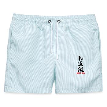 Wado Ryu Karate japanisch geschrieben schwarze Kanji mit - Männer Badeshorts - hellblau gestreift - Vorne - AI Model Male 178 light (178cm)