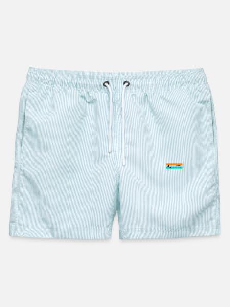 Retro-Sonnenuntergangsstreifen mit Palm Island - Männer Badeshorts - hellblau gestreift