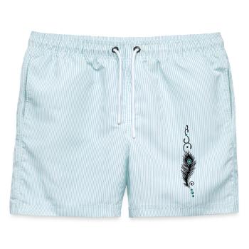 Feder, Pfauenfeder mit Tribal und Perlen - Männer Badeshorts - hellblau gestreift - Vorne - AI Model Male 178 light (178cm)