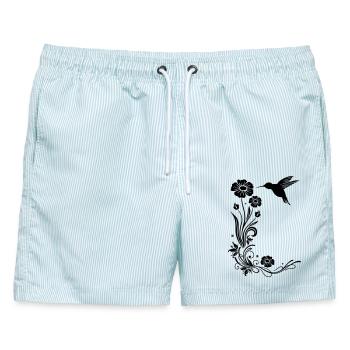 Kolibri mit Blumen und floraler Ranke - Männer Badeshorts - hellblau gestreift - Vorne - AI Model Male 178 light (178cm)
