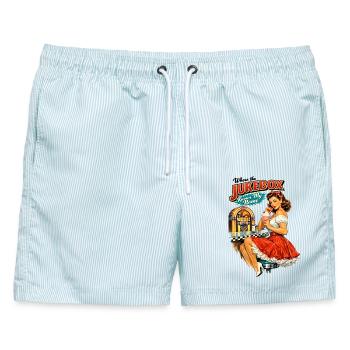 50s Diner Pin-Up: Where the Jukebox Knows My Name - Männer Badeshorts - hellblau gestreift - Vorne - AI Model Male 178 light (178cm)