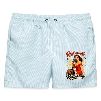 Pin-Up Girl im Retro Rockabilly Style - Männer Badeshorts - hellblau gestreift - Vorne - AI Model Male 178 light (178cm)