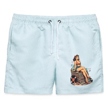Retro Pin-Up auf riesigem Schallplatten-Stapel - Männer Badeshorts - hellblau gestreift - Vorne - AI Model Male 178 light (178cm)