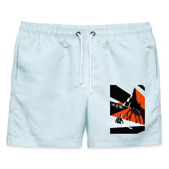 Leuchtturm und Coffenaut-Rift an Red Shore - Männer Badeshorts - hellblau gestreift - Vorne - AI Model Male 178 light (178cm)