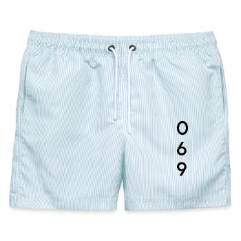 069 - Vorwahl - Frankfurt - Männer Badeshorts - hellblau gestreift - Vorne - AI Model Male 178 light (178cm)