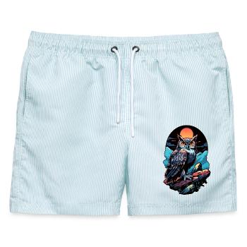 Großer Eule Uhu bei Mondschein - Männer Badeshorts - hellblau gestreift - Vorne - AI Model Male 178 light (178cm)
