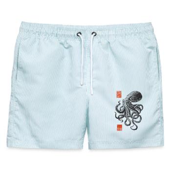 Tinten-Octopus im Tusch-Stil - Männer Badeshorts - hellblau gestreift - Vorne - AI Model Male 178 light (178cm)