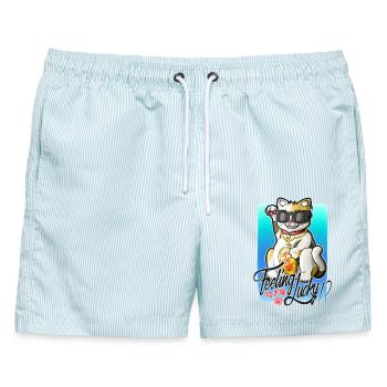 Fühlst du dich glücklich!? - Männer Badeshorts - hellblau gestreift - Vorne - AI Model Male 178 light (178cm)
