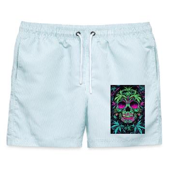 Neon Zucker Skull Hanfblätter - Männer Badeshorts - hellblau gestreift - Vorne - AI Model Male 178 light (178cm)