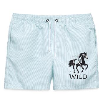 Wildes Pferd im Schwarzweiß - Männer Badeshorts - hellblau gestreift - Vorne - AI Model Male 178 light (178cm)