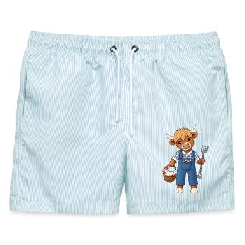 Hochlandrind Kuh Lustiges Bauernhof Motiv - Männer Badeshorts - hellblau gestreift - Vorne - AI Model Male 178 light (178cm)