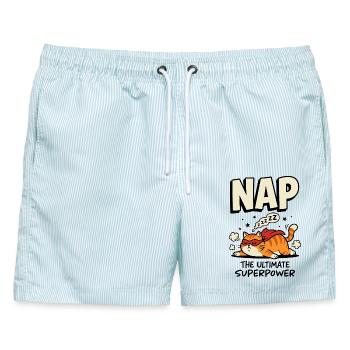 Schlafende Superhelden-Katze – Nap Superpower - Männer Badeshorts - hellblau gestreift - Vorne - AI Model Male 178 light (178cm)