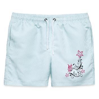 Florale Ranke mit Blüten und Schmetterling - Männer Badeshorts - hellblau gestreift - Vorne - AI Model Male 178 light (178cm)