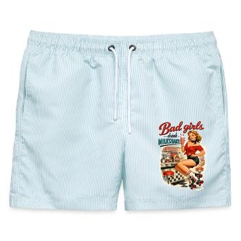 Pin-Up Bad Girls Drink Milkshakes: 50s Diner Style - Männer Badeshorts - hellblau gestreift - Vorne - AI Model Male 178 light (178cm)