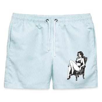 Klassische Burlesque Pin-up Vintage Grafik - Männer Badeshorts - hellblau gestreift - Vorne - AI Model Male 178 light (178cm)