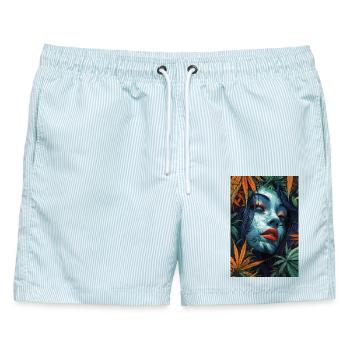 Neon Blattporträt mit roten Lippen - Männer Badeshorts - hellblau gestreift - Vorne - AI Model Male 178 light (178cm)