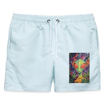 Psychedelischer Alien NeonDschungel - Männer Badeshorts - hellblau gestreift - Vorne - AI Model Male 178 light (178cm)