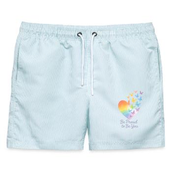 Be Proud to Be You – Regenbogen-Herz mit Message - Männer Badeshorts - hellblau gestreift - Vorne - AI Model Male 178 light (178cm)