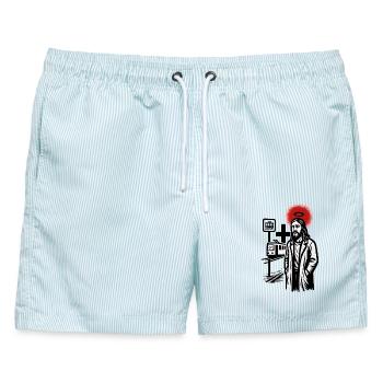 Heiliger über der Neon-Straßenbahn - Männer Badeshorts - hellblau gestreift - Vorne - AI Model Male 178 light (178cm)