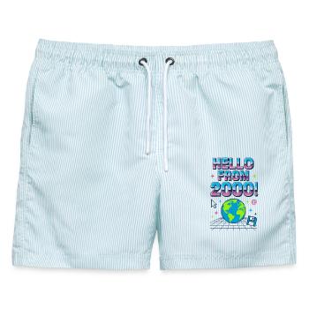 Hallo aus der Retro Neon Erde der 2000er Jahre - Männer Badeshorts - hellblau gestreift - Vorne - AI Model Male 178 light (178cm)