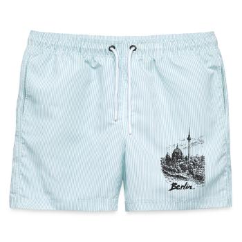 Berliner Skyline Silhouette - Männer Badeshorts - hellblau gestreift - Vorne - AI Model Male 178 light (178cm)