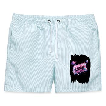 Cosmic Mix Tape Retro 80er Weltraumkassette - Männer Badeshorts - hellblau gestreift - Vorne - AI Model Male 178 light (178cm)