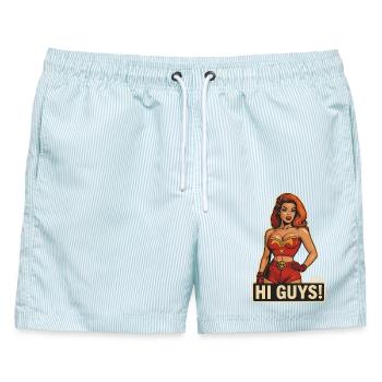 Hallo Leute, Retro-Heldin - Männer Badeshorts - hellblau gestreift - Vorne - AI Model Male 178 light (178cm)