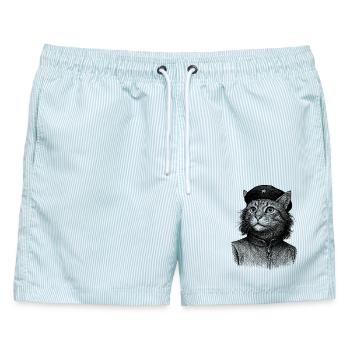 Katze mit Baskenmütze - Männer Badeshorts - hellblau gestreift - Vorne - AI Model Male 178 light (178cm)