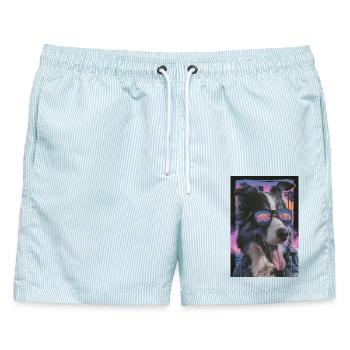 Retro Stil Hund mit Sonnenbrille - Männer Badeshorts - hellblau gestreift - Vorne - AI Model Male 178 light (178cm)
