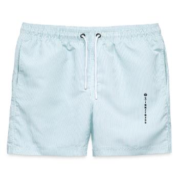 Zimmermann Symbol mit vertikaler Schrift - Männer Badeshorts - hellblau gestreift - Vorne - AI Model Male 178 light (178cm)
