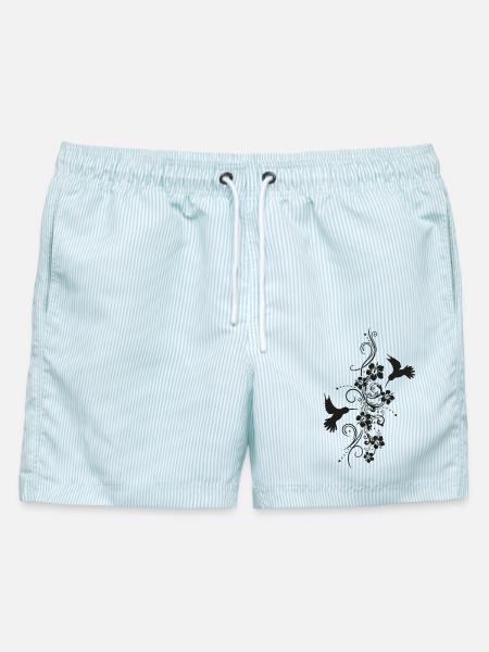 Kolibris mit Hibiskus und filigraner Ranke - Männer Badeshorts - hellblau gestreift