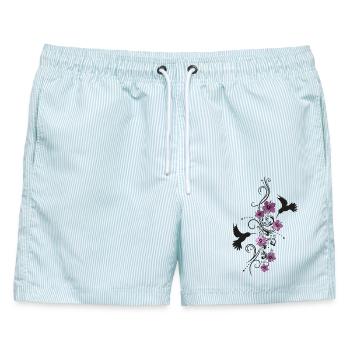 Kolibris mit Hibiskus und Ranke, Watercolor Style - Männer Badeshorts - hellblau gestreift - Vorne - AI Model Male 178 light (178cm)