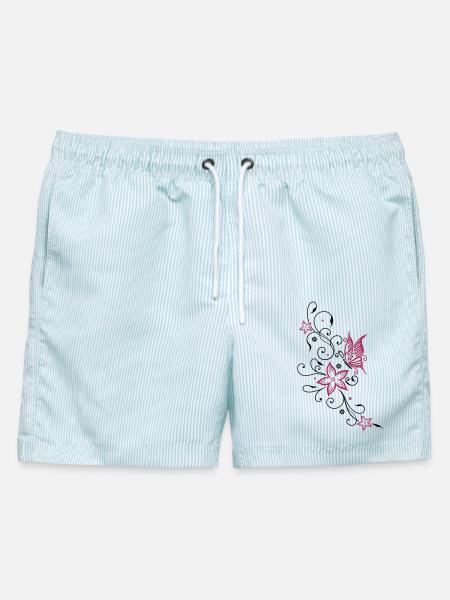 Blumen mit floralem Ornament und Schmetterling - Männer Badeshorts - hellblau gestreift