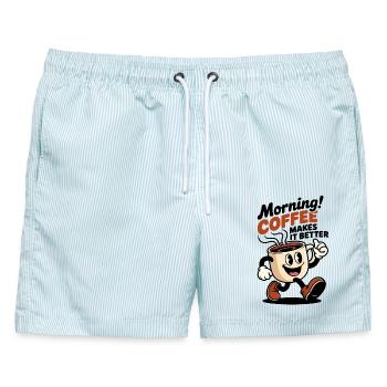Kaffeeheld Becher Cartoon - Männer Badeshorts - hellblau gestreift - Vorne - AI Model Male 178 light (178cm)