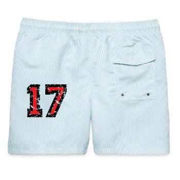 Zahl 17 - Nummer 17 (Vintage Rot) Nr.17 - Männer Badeshorts - hellblau gestreift - Hinten - AI Model Male 178 light (178cm)