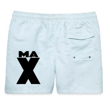 Max X – Minimal Name Design - Männer Badeshorts - hellblau gestreift - Hinten - AI Model Male 178 light (178cm)