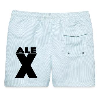 Alex X – Minimal Name Design - Männer Badeshorts - hellblau gestreift - Hinten - AI Model Male 178 light (178cm)