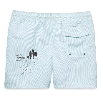 Never walk alone - Hund Pferd Reiter, Backprint - Männer Badeshorts - hellblau gestreift - Hinten - AI Model Male 178 light (178cm)