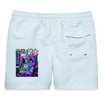 Cyber-Samurai Skelett Neon City - Männer Badeshorts - hellblau gestreift - Hinten - AI Model Male 178 light (178cm)